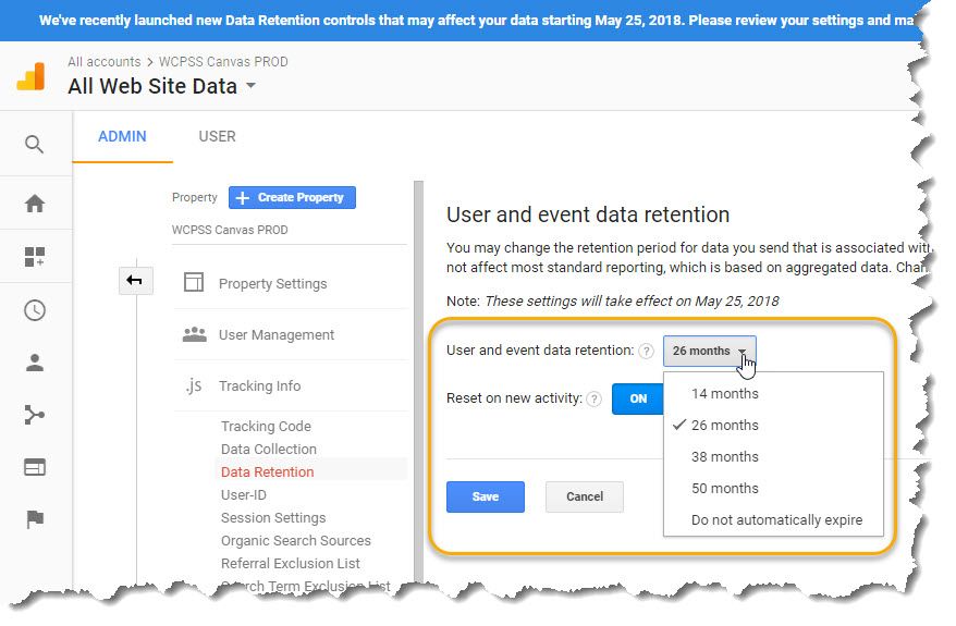 Google Analytics Data Retention Options