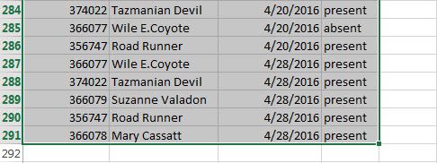 Selected data in Excel