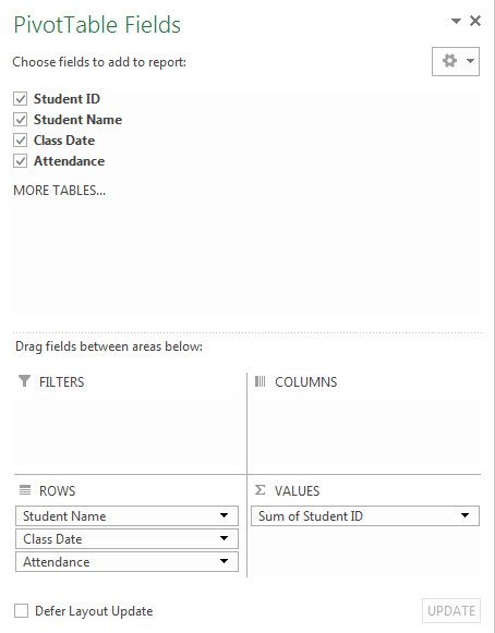 Pivot Table Fields dialog box