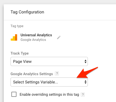 Arrow pointing to Select Settings Variable... dropdown dialog