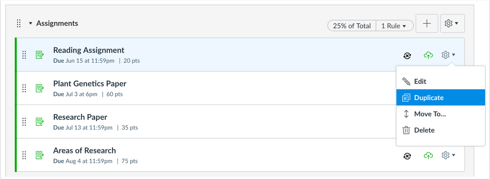 Assignments Settings menu allows users to duplicate an assignment