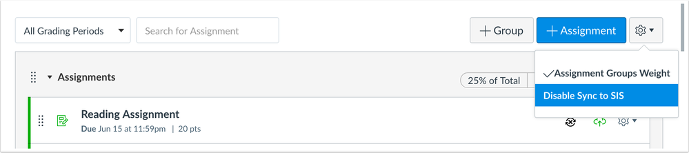 Assignments Page Settings menu with the Disable Sync to SIS option