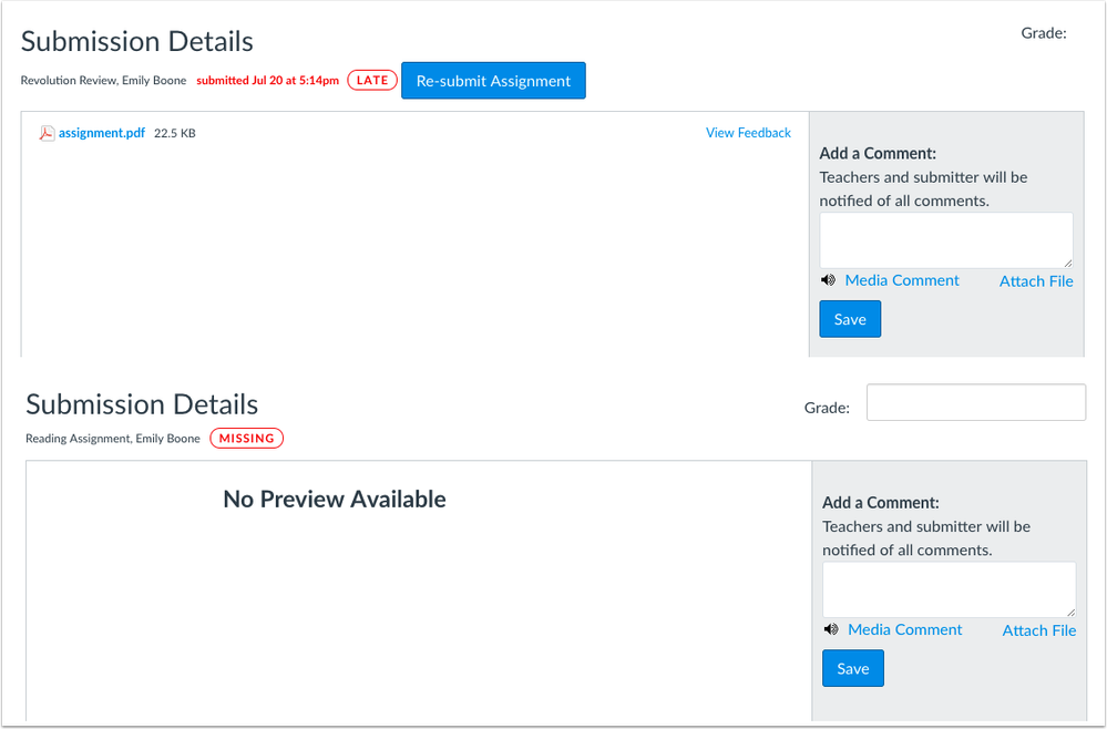 Assignment Submission Details Page in Canvas with Late and Missing Status Labels