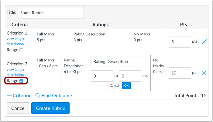 Rubric Range Checkbox