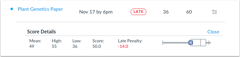 Student view of seeing the late penalty applied to the submission details in the Grades page