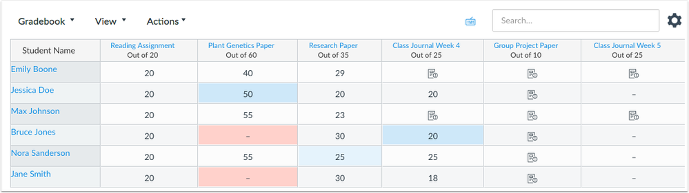 New Gradebook with new consistent icon indicating assignments that need grading