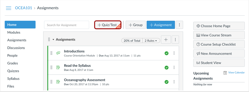 Quiz button on Home Page for Quizzes LTI when enabled for assignments