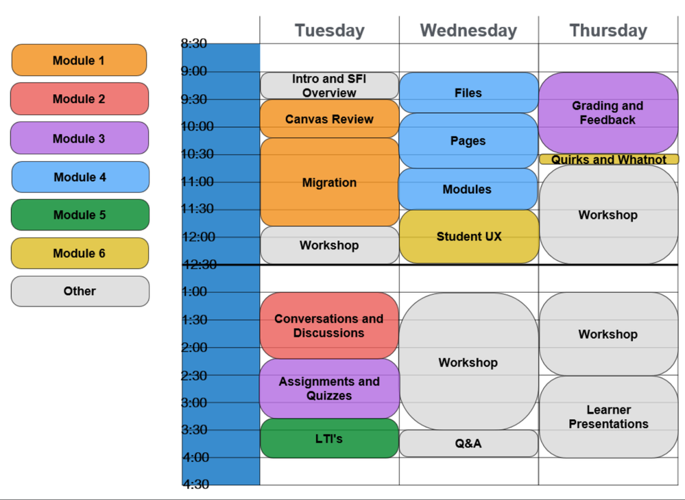 A schedule of the Summer Faculty Institute, listing names of lessons by hour each day.