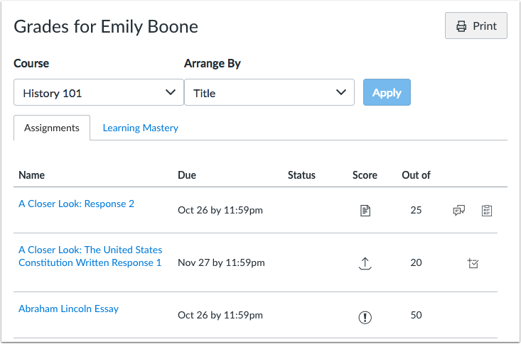 Upload status in the student grades page