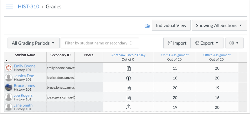 Upload status in the instructor gradebook