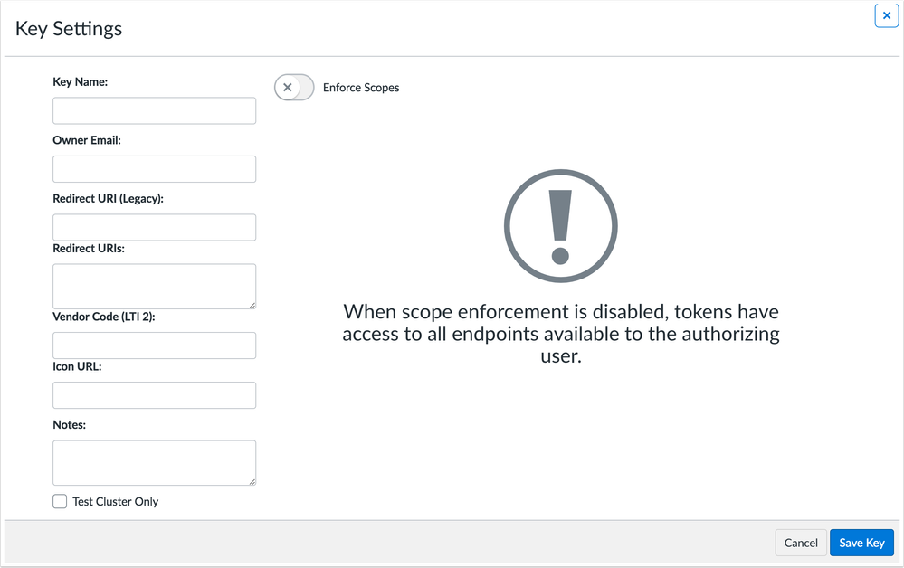 Developer Keys page with scopes option