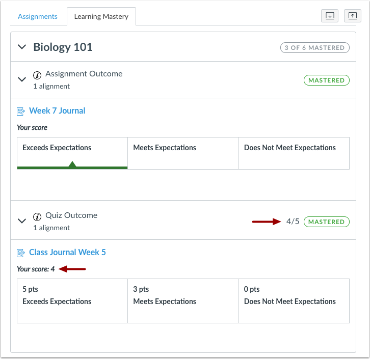 Student learning mastery gradebook individual point values for alignments