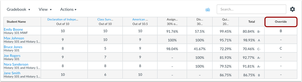 New Gradebook Override Column