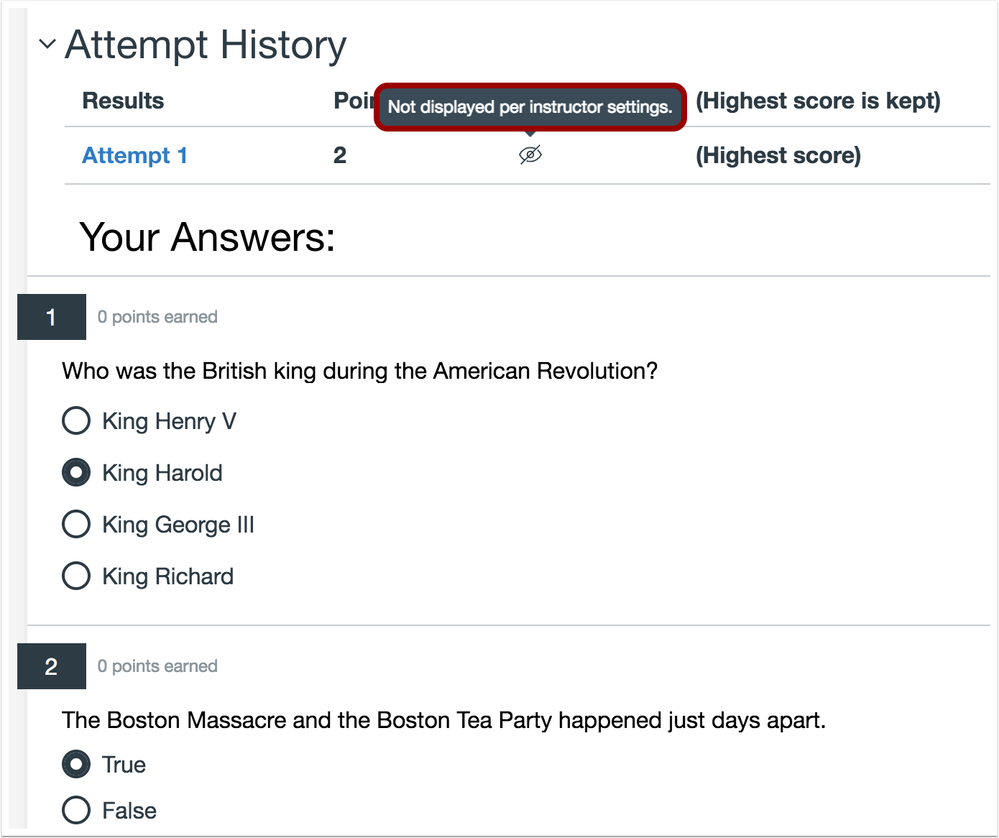 Assessment results page view for students