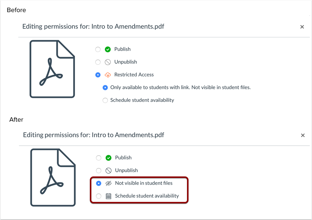 Before and After views of the Files Restricted Access interface