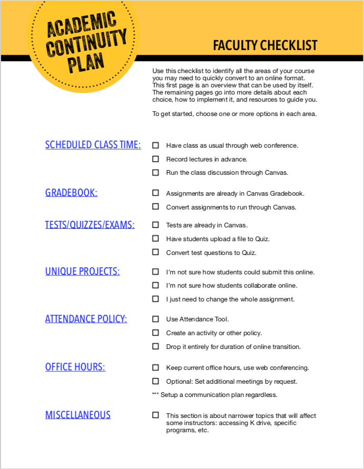 Example of continuity checklist