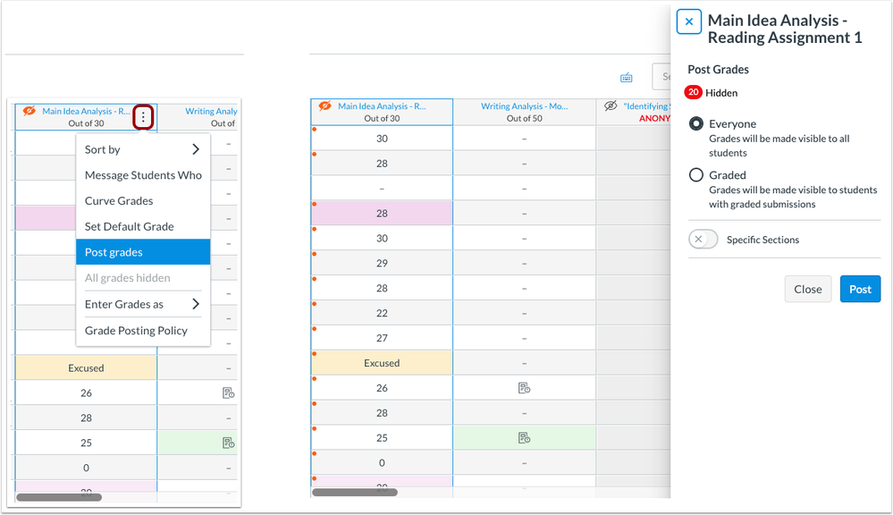 The Post Grades link is in the assignment menu and opens a sidebar with additional information about how to post grades 