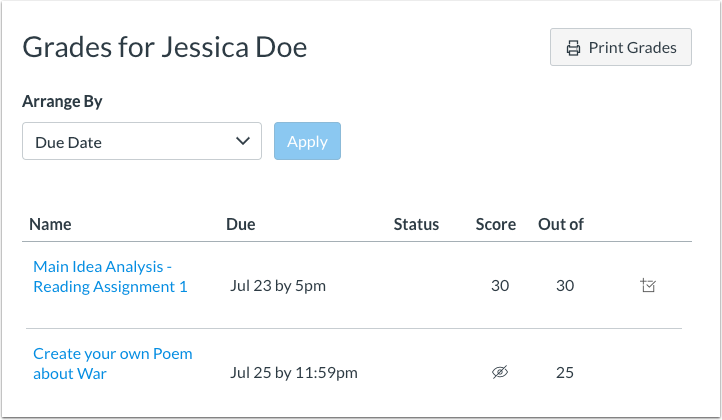 Student view of the grades page with a hidden eye icon 