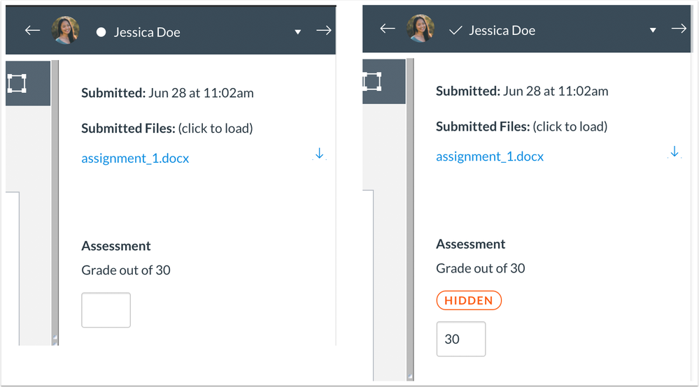 SpeedGrader shows the hidden label once a submission receives a grade