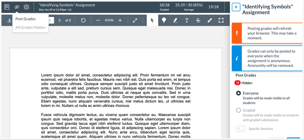 Posting grades in SpeedGrader with an anonymous assignment includes information about removing anonymity