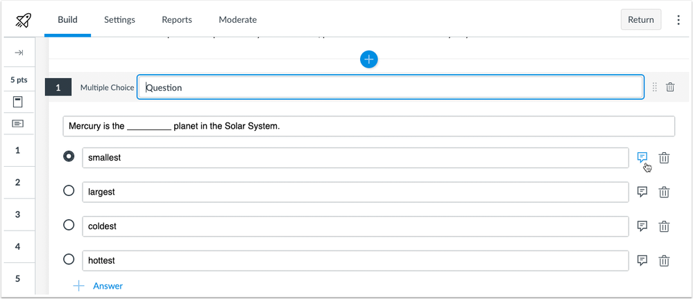 New Quizzes multiple choice questions display comment icons next to each answer for individual feedback