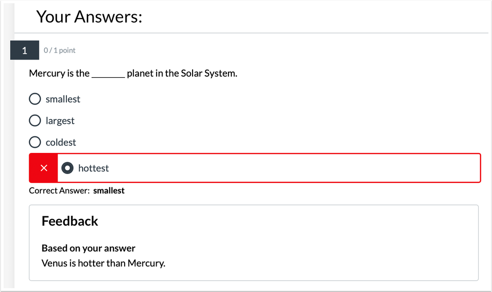 New Quizzes quiz results lets students view individual feedback for multiple choice questions