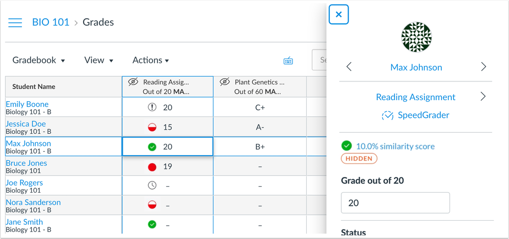 New Gradebook Grade Detail Tray shows plagiarism score