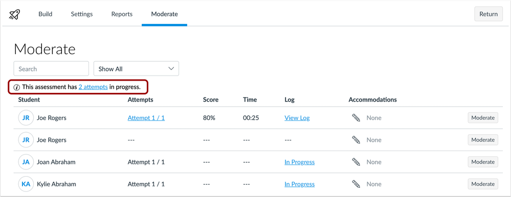 Moderate page showing attempts in progress