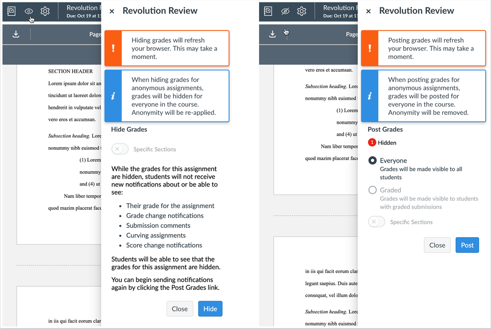 SpeedGrader text adjustment to clarify what happens when hiding or posting anonymous assignments