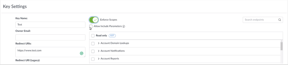 Developer Key Includes Parameters button