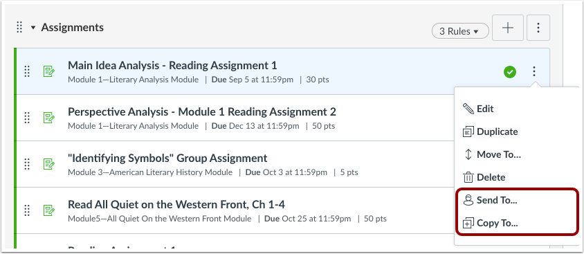 Assignments Send to and Copy to menus highlighted