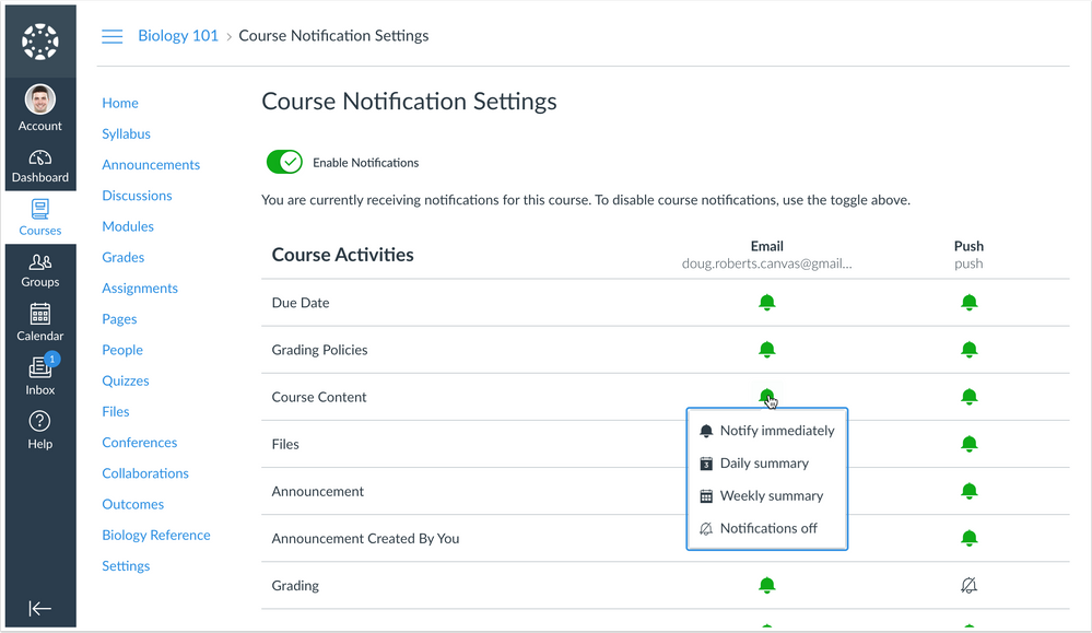 Course Notification Settings