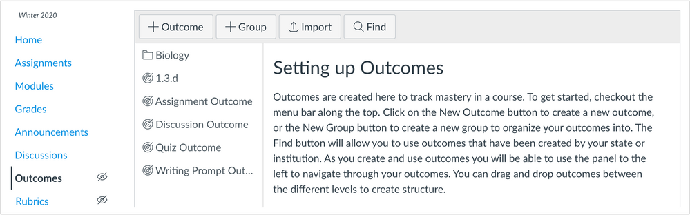 Outcomes Page with No Rubrics Button