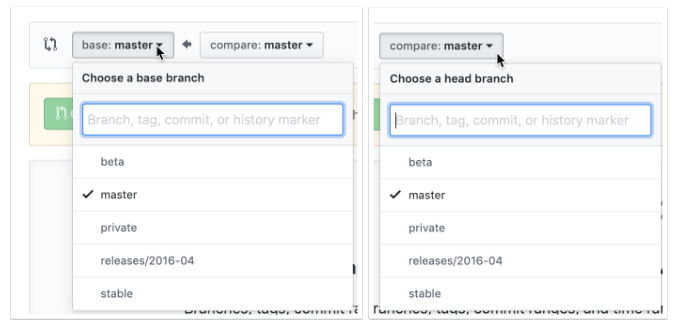 Compare branches in base and compare menus