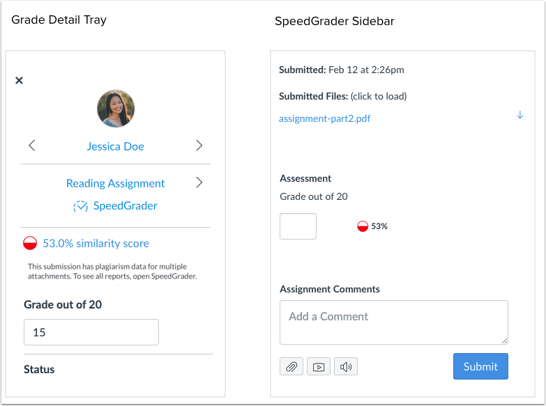 grade detail tray and speedgrader sidebar plagiarism icon views