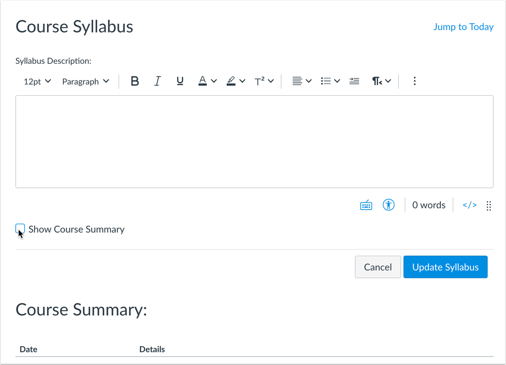 show course summary checkbox