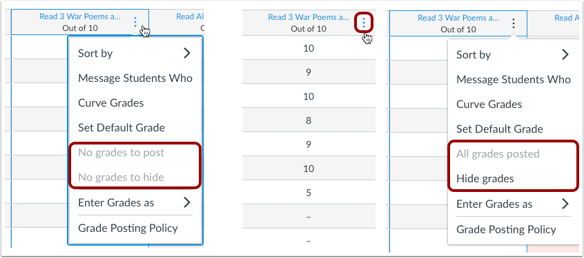 New Gradebook Assignment Menu Grade Wording Changes