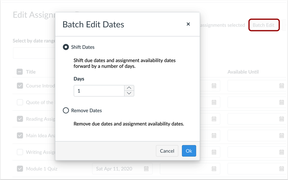 Batch Edit Dates window