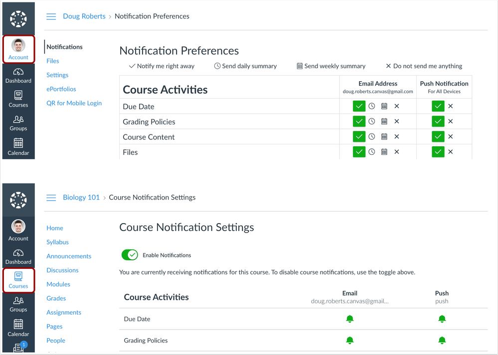 Account Notification Preferences and Course Notification Settings