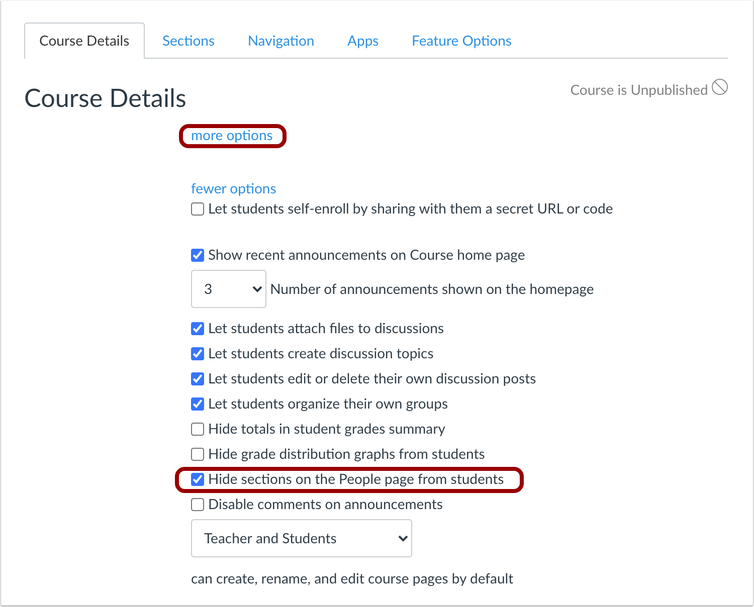 Course Details tab with Hide sections option