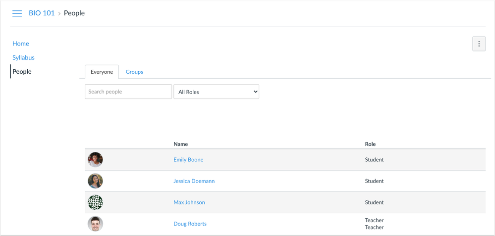 People Page Student View without Section Column