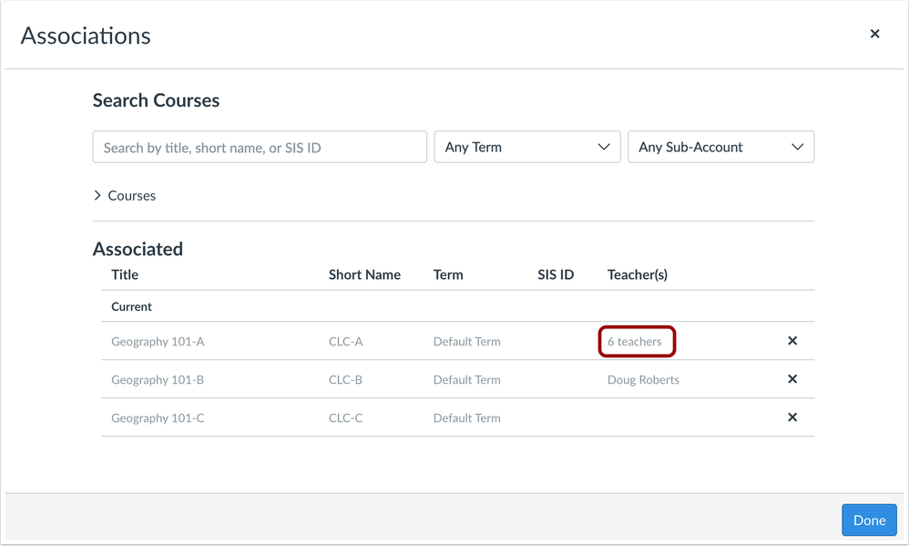 Blueprint course Associations page with teacher count when a course contains more than five teachers