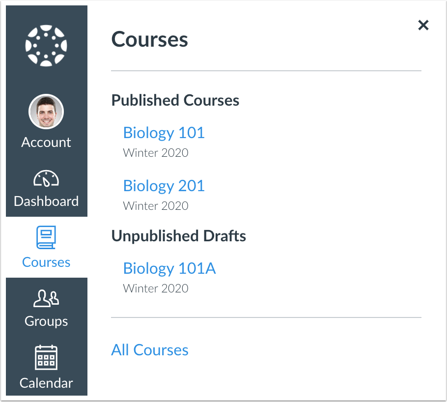 Courses Menu showing unpublished courses