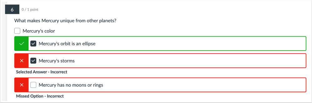 Student quiz results showing missed options