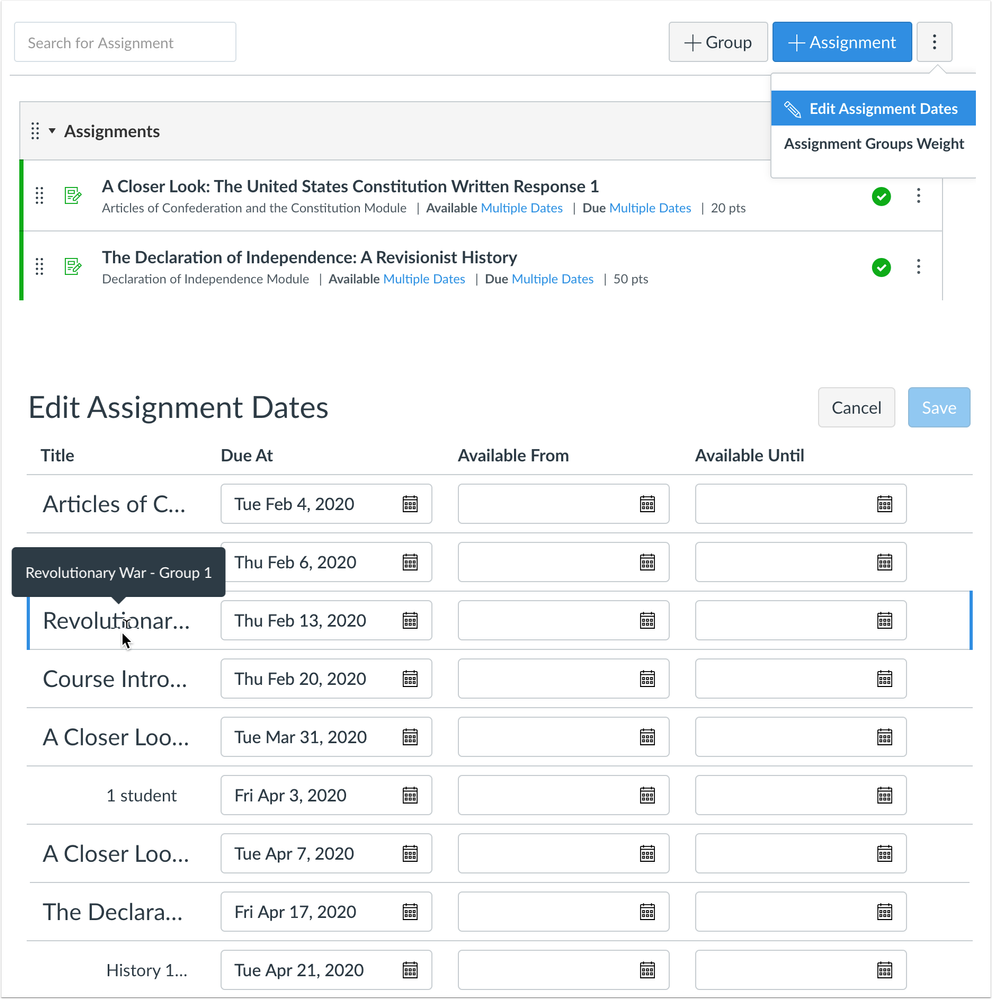 Edit Assignment Dates Page