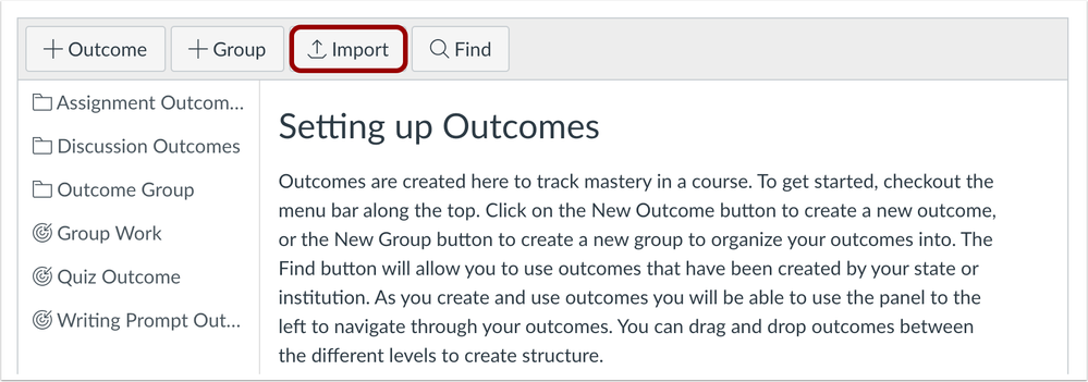 Outcomes page Import button