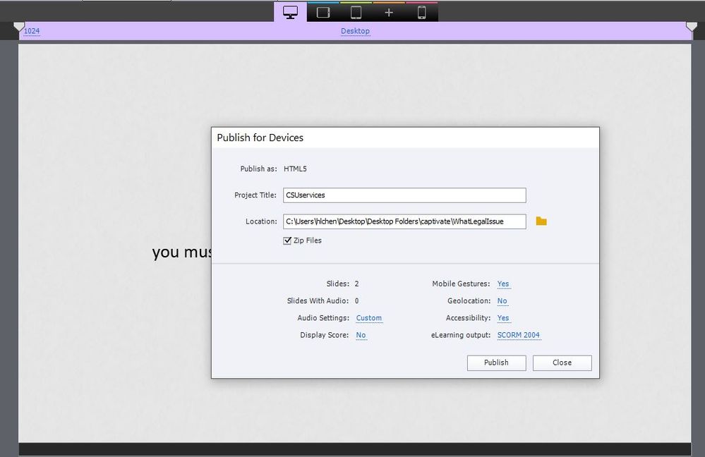 Screensot of Captivate publish setting no full screen