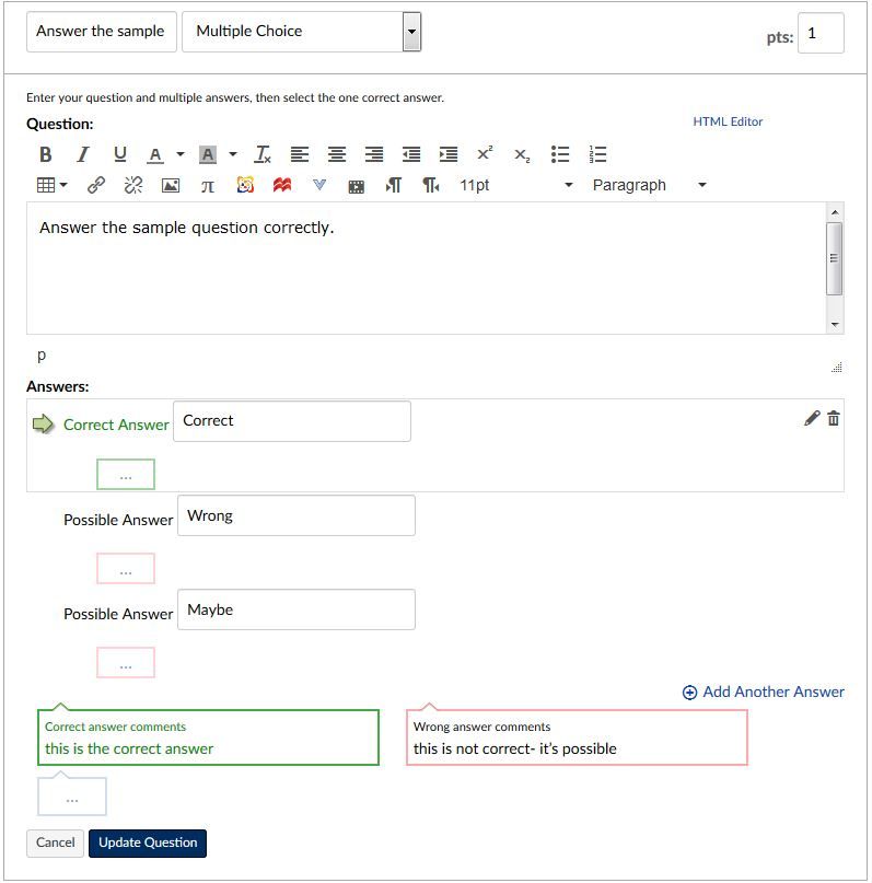 Image showing the correct and incorrect feedback are not properly assigned to the answers as originally written in the question.