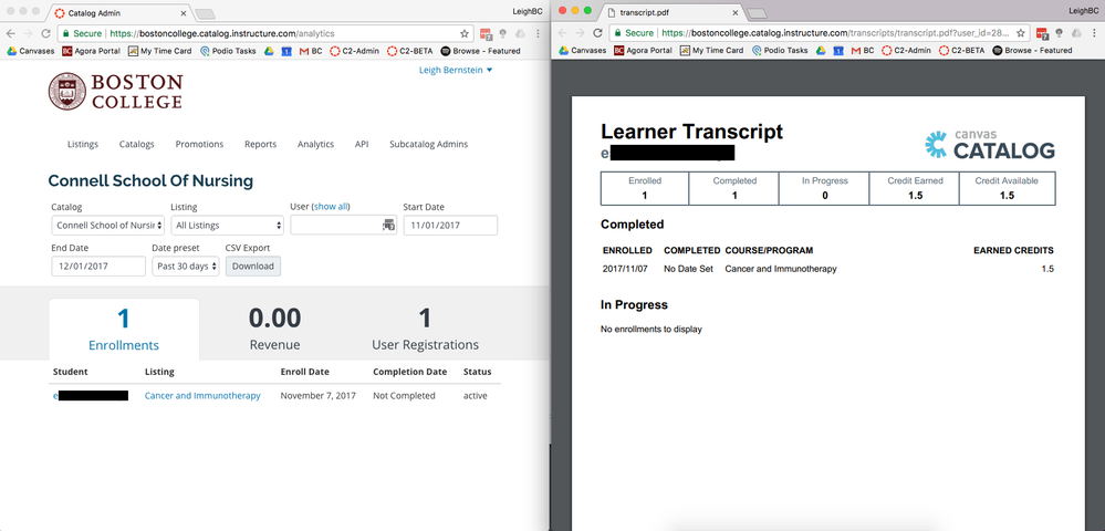 transcript describing a course as completed, despite the student failing to complete the required modules