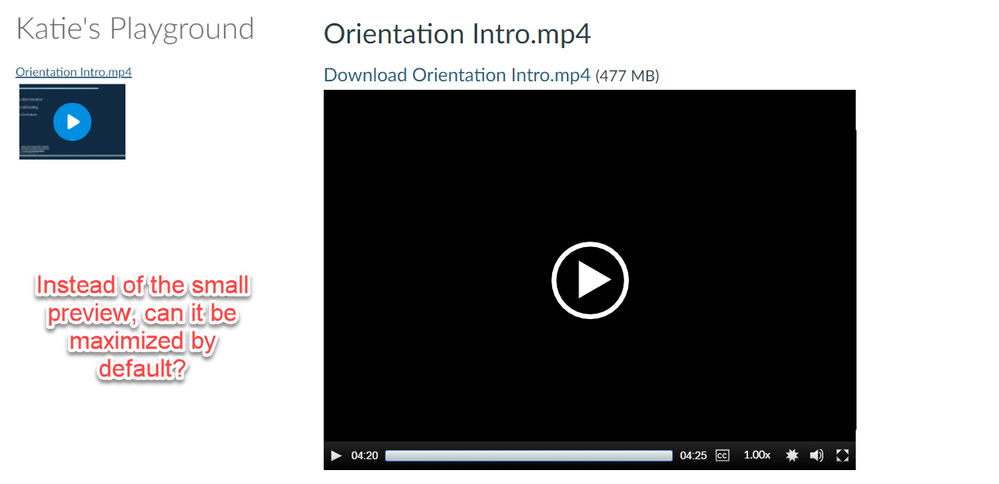 Image showing embedded minimized video on Canvas page, versus the expanded view on the Files page